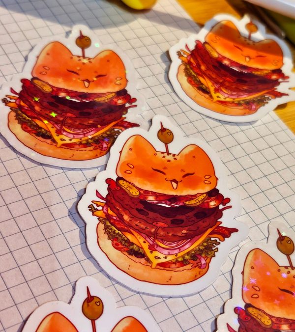 Cute catburger sticker | laminated die cut sticker | glossy holographic | Sticker for planner journal laptop water bottle